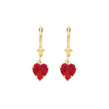 14K Yellow Gold Red CZ Heart shape Hanging Earrings