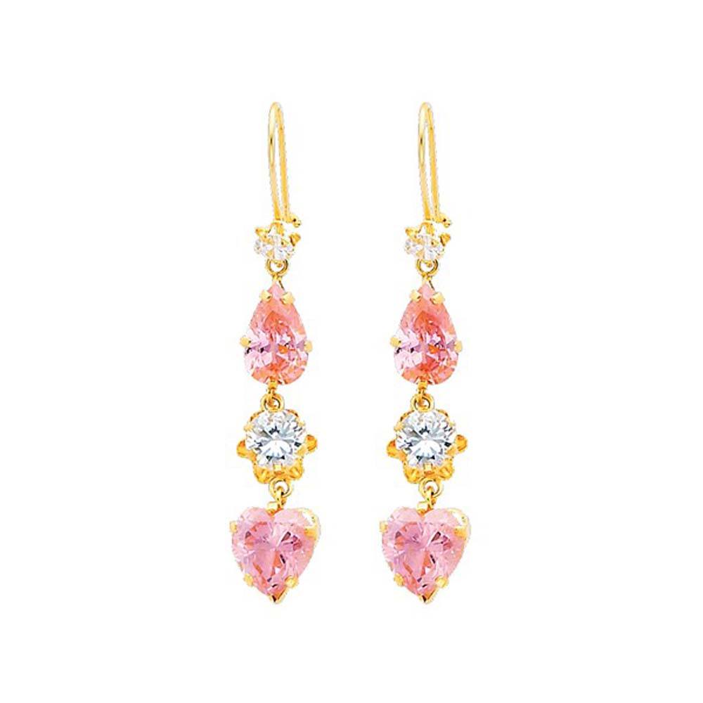 14K Yellow Gold Pink and White Heart Shape CZ Hanging Earrings