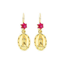Load image into Gallery viewer, 14K Yellow Gold Our Lady Guadalupe Red CZ Hanging Earrings