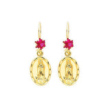 14K Yellow Gold Our Lady Guadalupe Red CZ Hanging Earrings