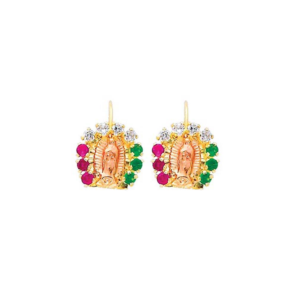 14K Yellow Gold Our Lady Guadalupe Red,White and Green CZ Hanging Earrings