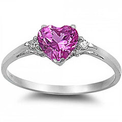 Sterling Silver Rose Pink Heart And CZ RingAnd Width 7 mm