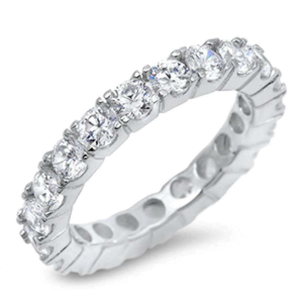 Sterling Silver 4 Prong Round Cubic Zirconia Eternity Band Ring with CZ StonesAndWidth 4mm