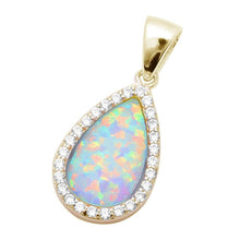 Load image into Gallery viewer, Sterling Silver Yellow Gold Plated Pear White Fire Opal and Cubic Zirconia Pendant