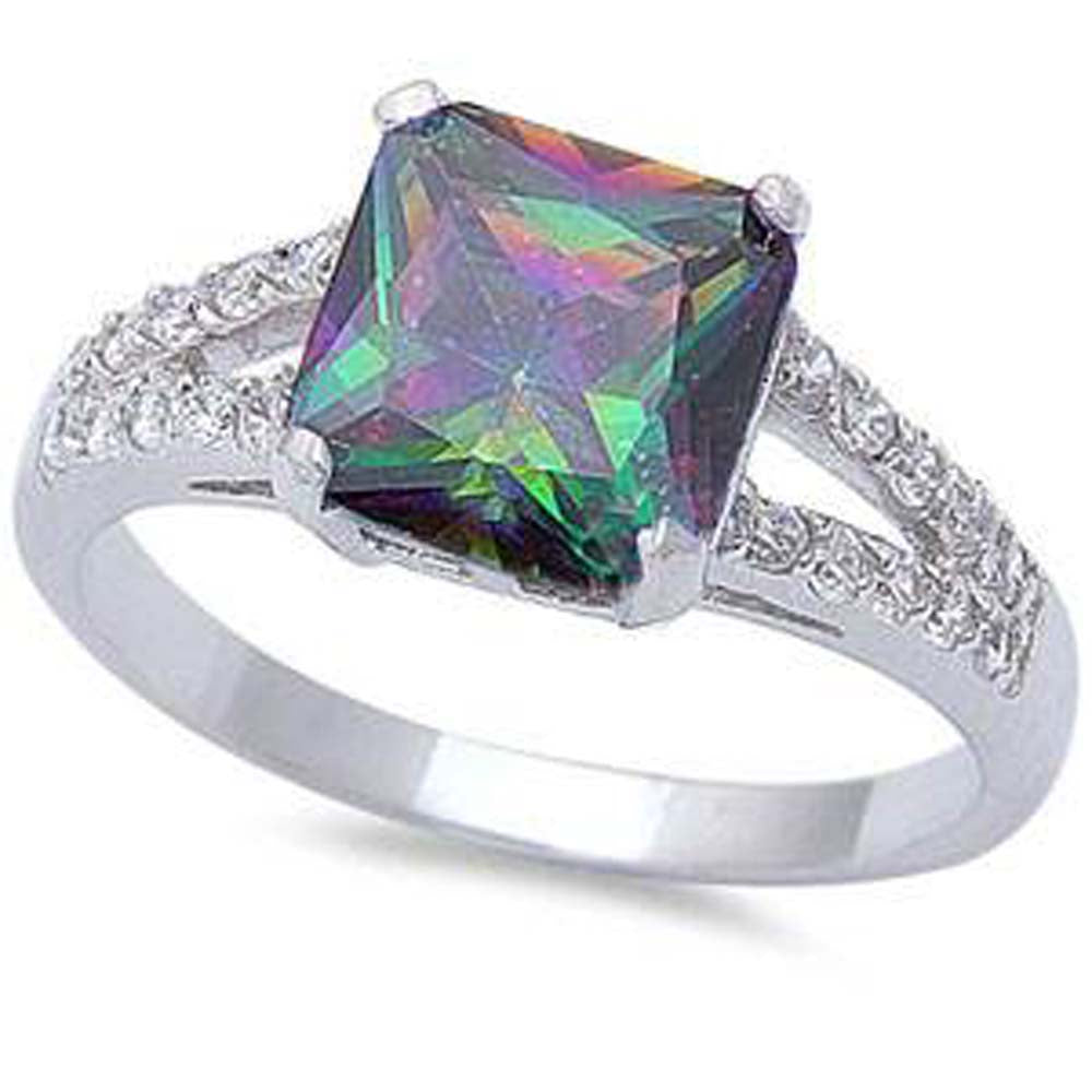 Sterling Silver Princess Cut Rainbow Cubic Zirconia And Round Cubic Zirconia RingAnd Width 8mm