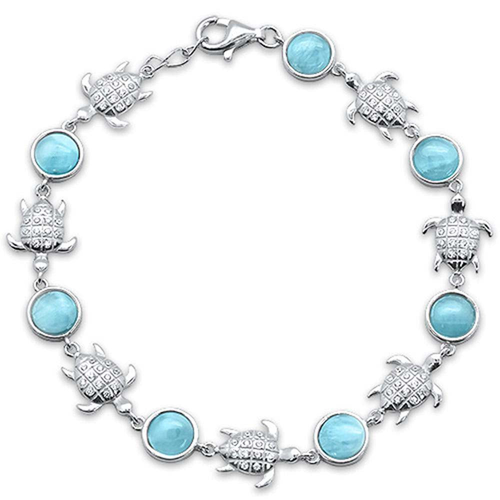 Sterling Silver Natural Larimar And Clear CZ Hand Of Turtles Bracelet