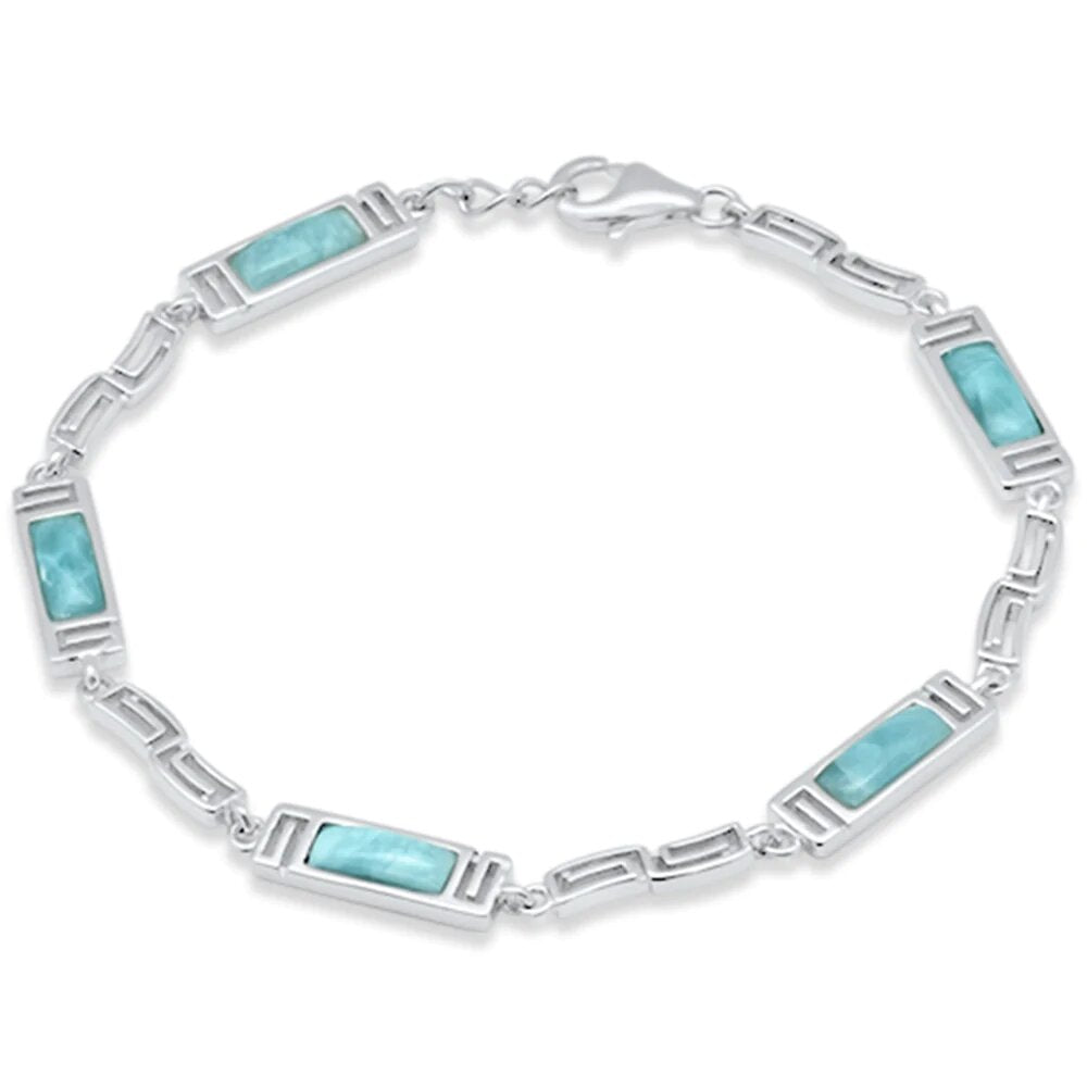 Sterling Silver Rectangle Natural Larimar Greek Design Adjustable Bracelet