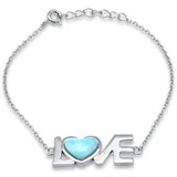 Sterling Silver Natural Larimar Heart Shaped Love Adjustable Bracelet