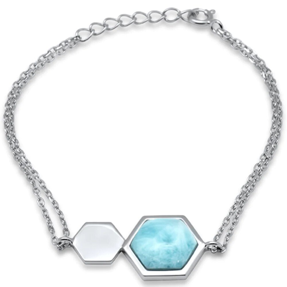 Sterling Silver Natural Larimar Hexagon Adjustable Bracelet