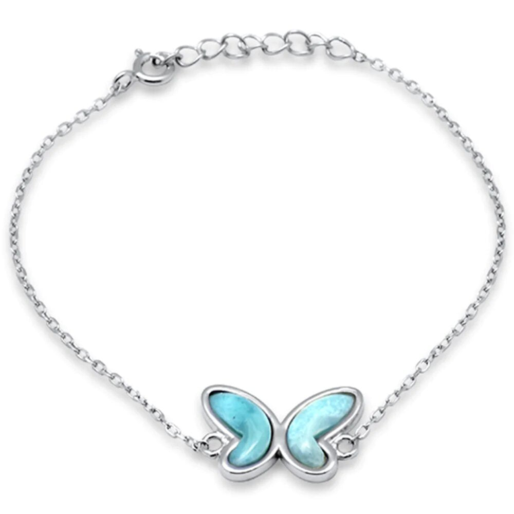 Sterling Silver Butterfly Natural Larimar Adjustable Bracelet
