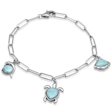 Load image into Gallery viewer, Sterling Silver Turtle and Dolphin Paperclip Natural Larimar Charm Bracelet
