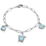 Sterling Silver Turtle and Dolphin Paperclip Natural Larimar Charm Bracelet