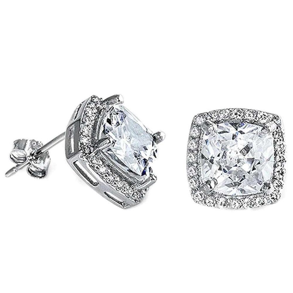 Sterling Silver Cushion Cut Cubic Zirconia Halo Earrings