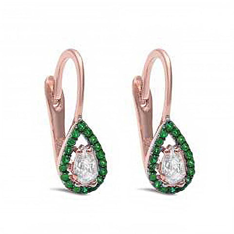 Sterling Silver Rose Gold Plated Pear Shape Emerald and White Cubic Zirconia Earrings