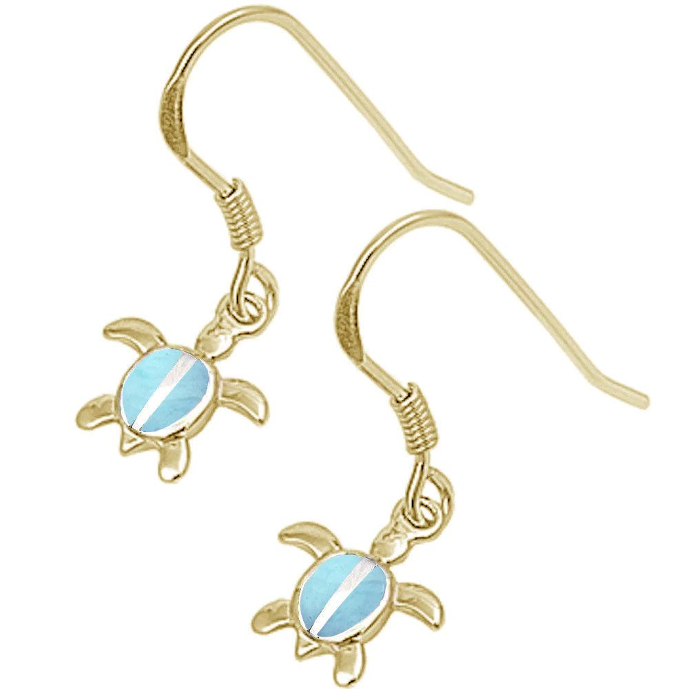 Sterling Silver Yellow Gold Plated Natural Larimar Turtle Earrings