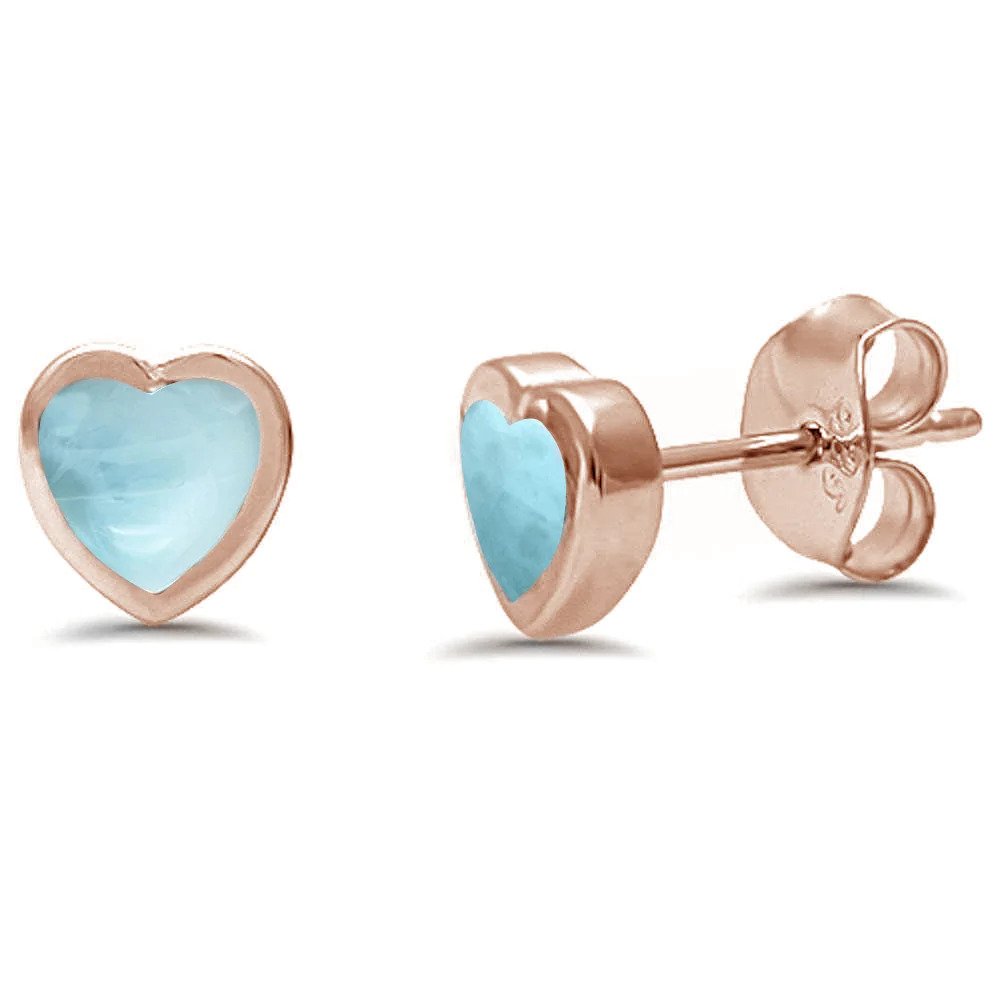 Sterling Silver Rose Gold Plated Heart Shape Natural Larimar Stud Earrings