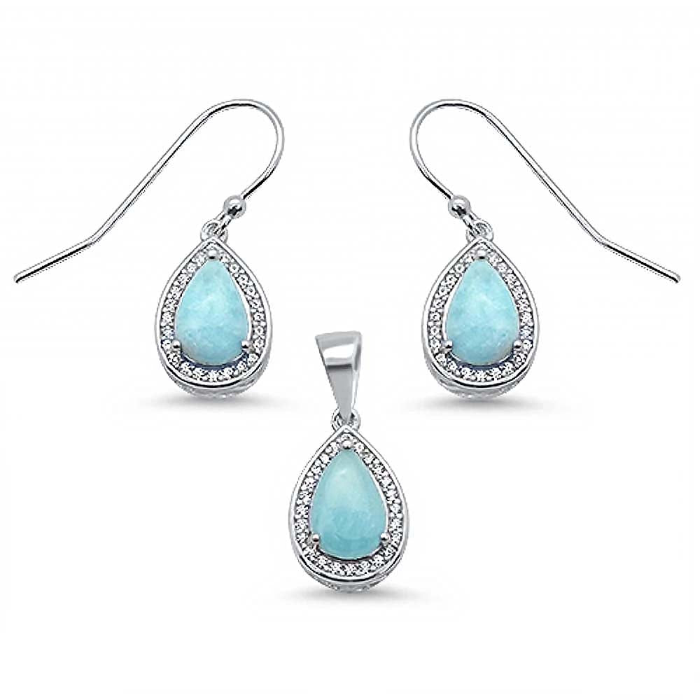 Sterling Silver Pear Shape Natural Larimar Clear CZ Earring And Pendant Set