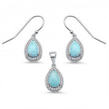 Load image into Gallery viewer, Sterling Silver Pear Shape Natural Larimar Clear CZ Earring And Pendant Set