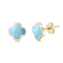 Load image into Gallery viewer, Sterling Silver Yellow Gold Plated Larimar Clover Flower Earrings