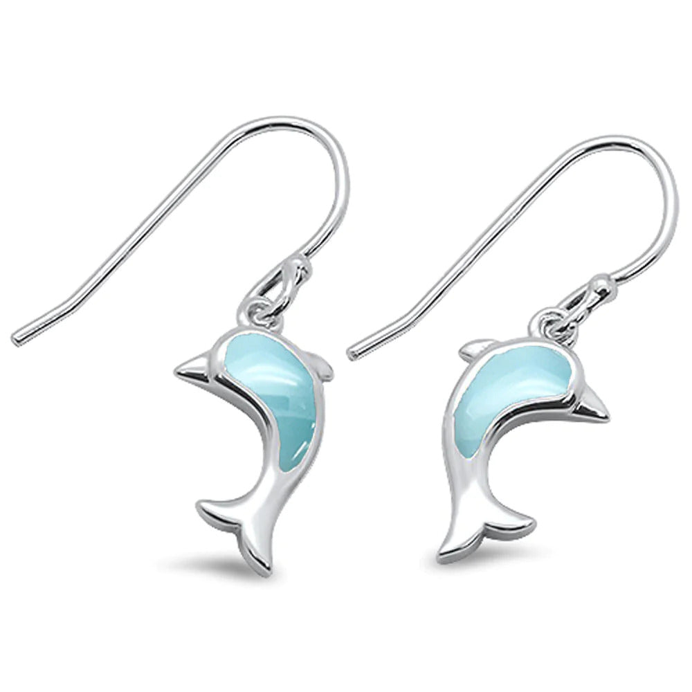 Sterling Silver Dolphin Dangle Natural Larimar Drop Earrings