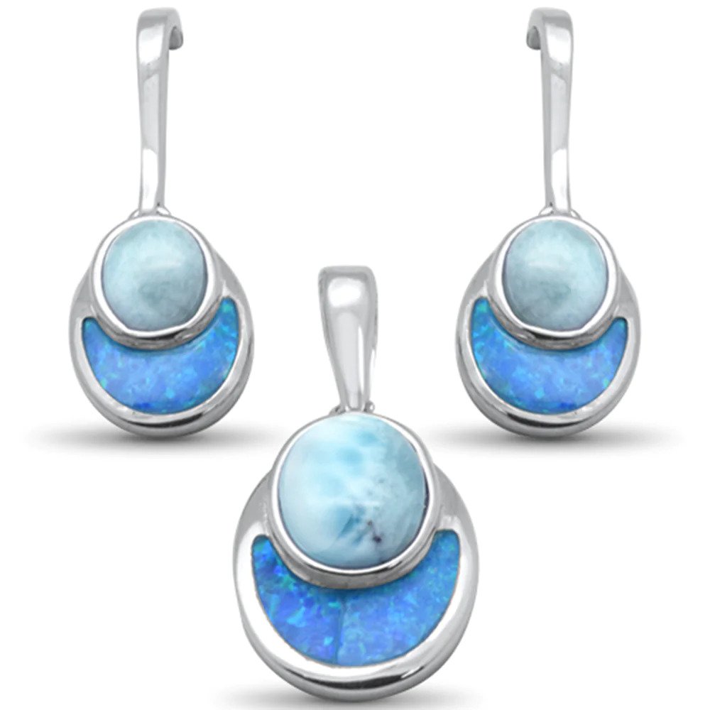 Sterling Silver Natural Larimar And Blue Opal Earring And Pendant Set