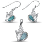 Sterling Silver Natural Larimar And CZ Conch Shell Earring And Pendant Set