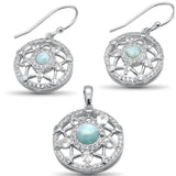 Sterling Silver Round Shaped Star Natural Larimar And CZ Earring And Pendant Set