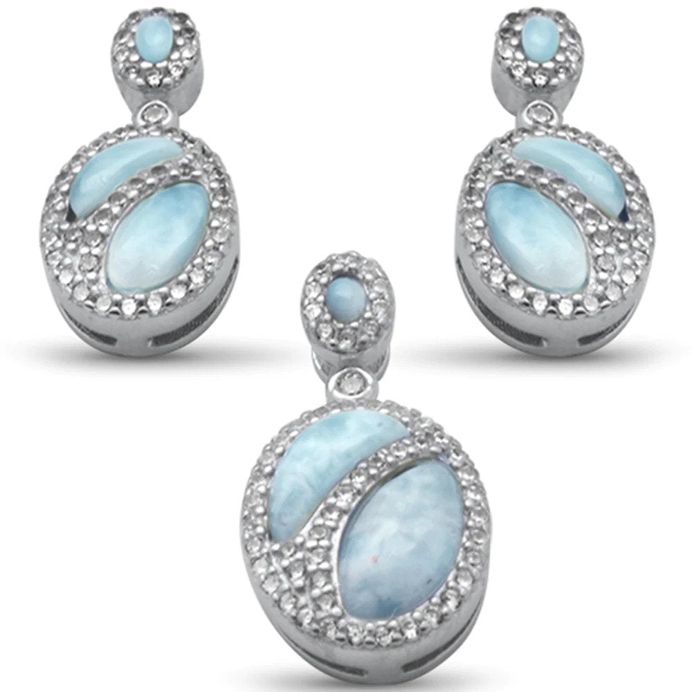 Sterling Silver Natural Larimar And CZ Earring And Pendant Set