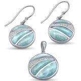 Sterling Silver Round Shaped Natural Larimar And CZ Earring And Pendant Set