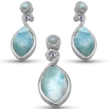 Sterling Silver Natural Larimar CZ And Blue Sapphire Earring And Pendant Set