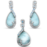 Sterling Silver Pear Shaped Natural Larimar Blue Topaz And CZ Earring And Pendant Set