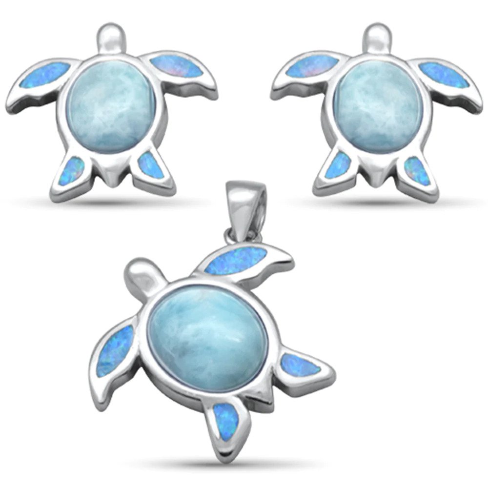 Sterling Silver Turtle Natural Larimar And Blue Opal Earring And Pendant Set