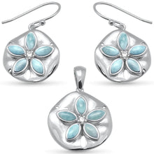 Load image into Gallery viewer, Sterling Silver Flower Natural Larimar And CZ Earring And Pendant Set