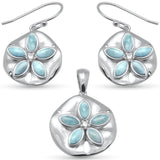 Sterling Silver Flower Natural Larimar And CZ Earring And Pendant Set