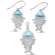 Load image into Gallery viewer, Sterling Silver Natural Larimar And CZ FIshbone Earring And Pendant Set