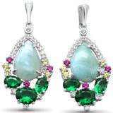 Sterling Silver Pear Shaped Natural Larimar Multi Color And White CZ Earrings