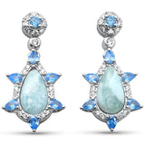 Sterling Silver Pear Shaped Natural Larimar Blue Topaz And CZ Earrings