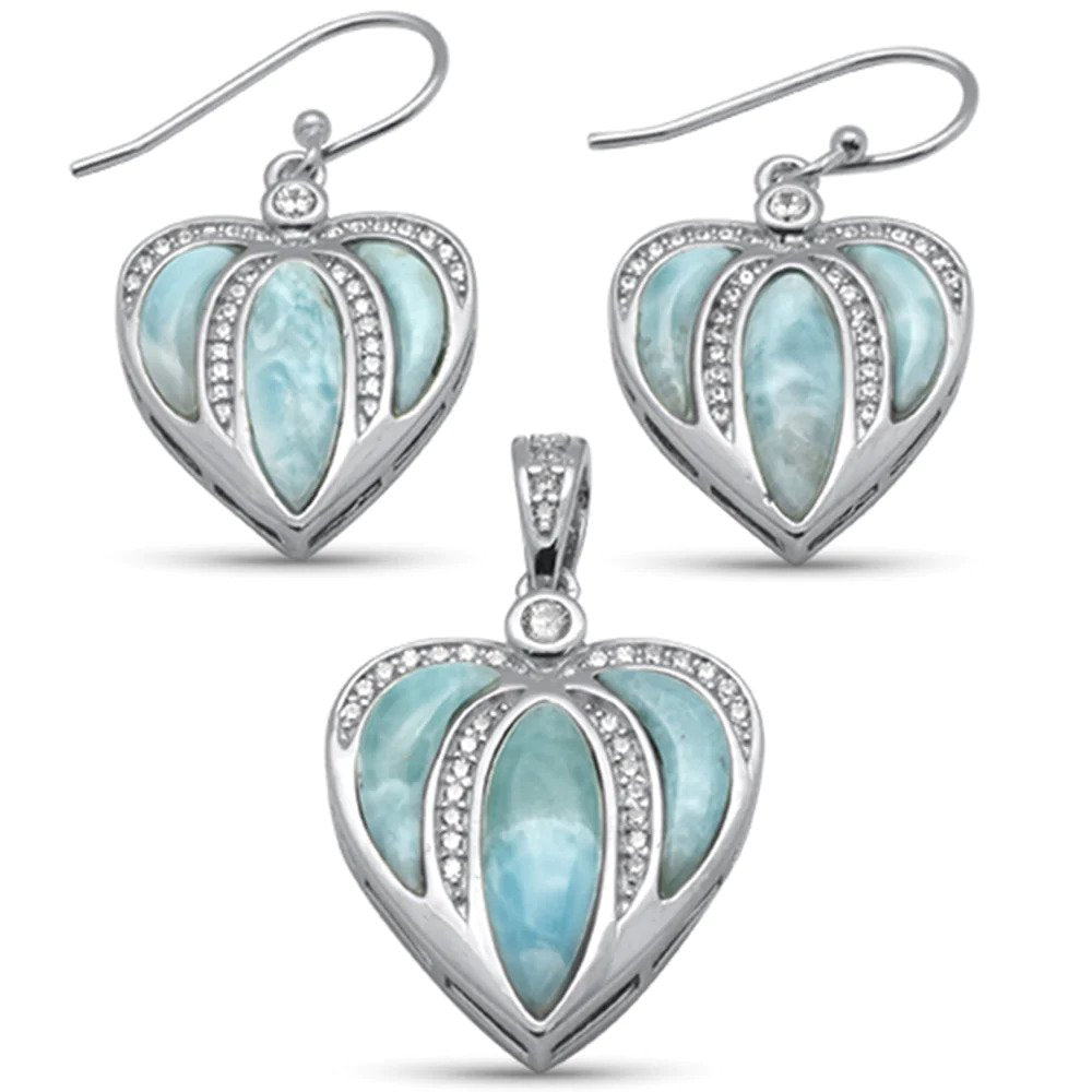Sterling Silver Heart Shaped Natural Larimar And CZ Earring And Pendant Set
