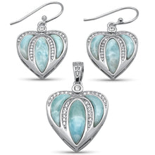 Load image into Gallery viewer, Sterling Silver Heart Shaped Natural Larimar And CZ Earring And Pendant Set