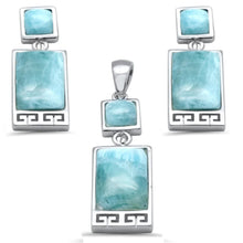 Load image into Gallery viewer, Sterling Silver Square and Rectangle Natural Larimar Greek Design Pendant and Earring Set