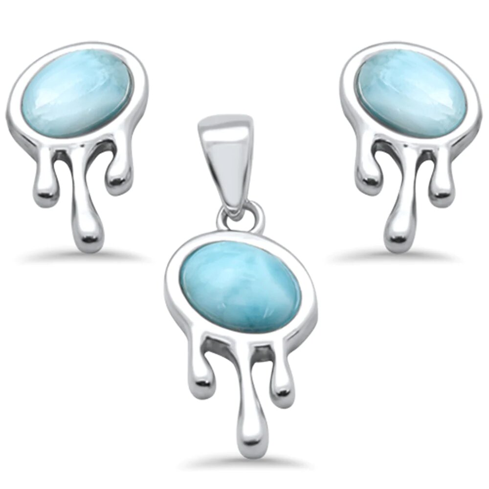 Sterling Silver Oval Natural Larimar Jellyfish Pendant and Earring Set