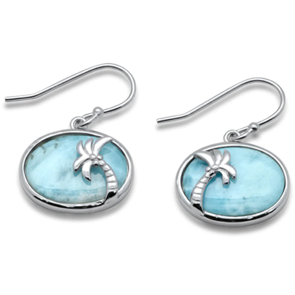 Sterling Silver Palm Tree Natural Larimar Drop Earrings-1inch