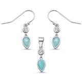 Sterling Silver Natural Larimar Teardrop and Cz Dangle Earring and Pendant Set