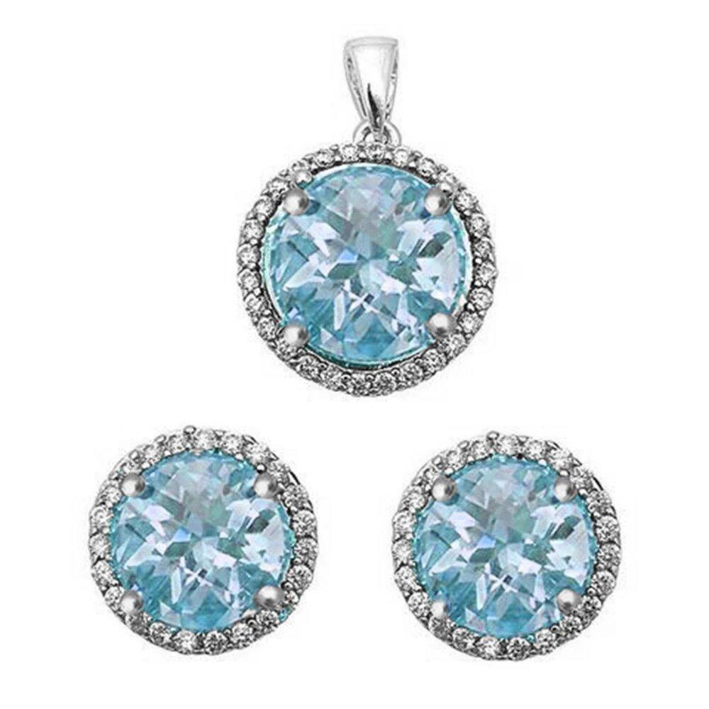 Sterling Silver Halo Simulated Aquamarine Pendant and Earring Set - silverdepot