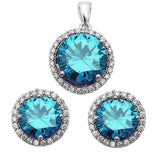 Sterling Silver Halo Simulated Blue Topaz Pendant and Earring Set