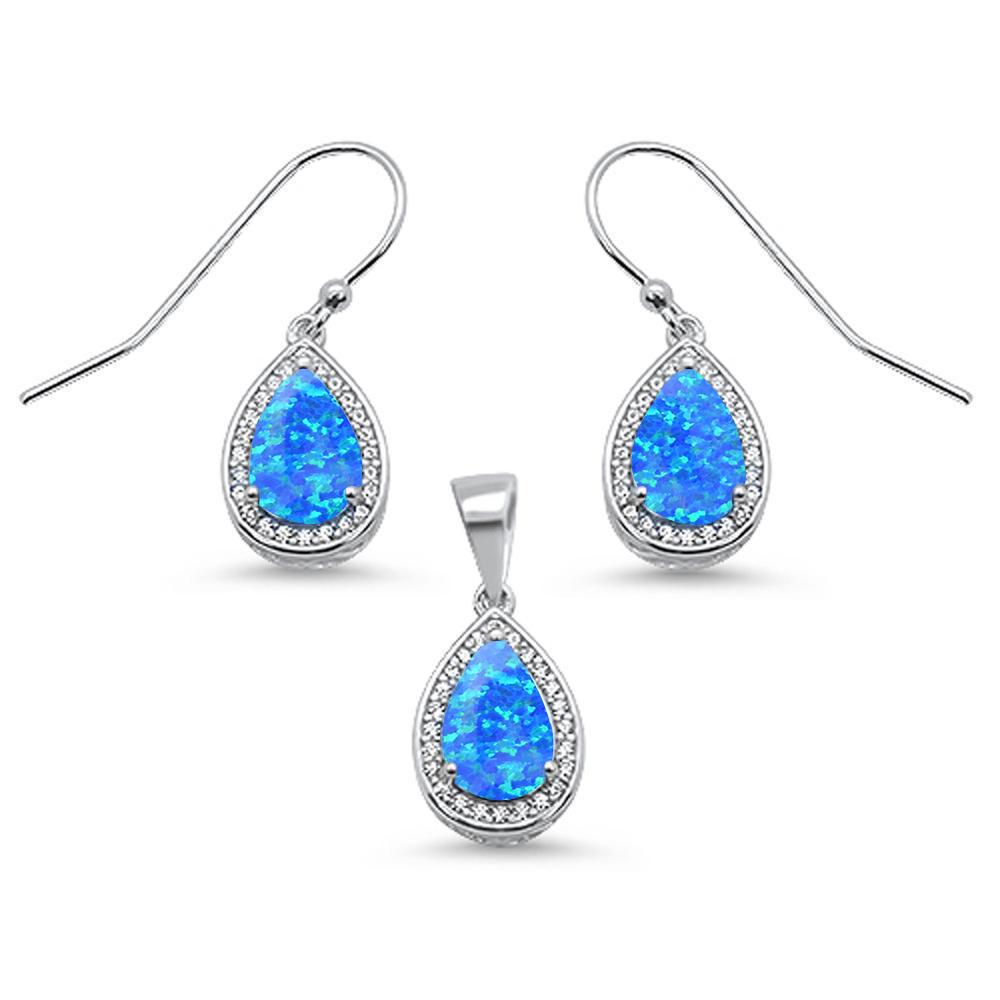 Sterling Silver Pear Shape Blue Opal And Cubic Zirconia Earring And Pendant Set