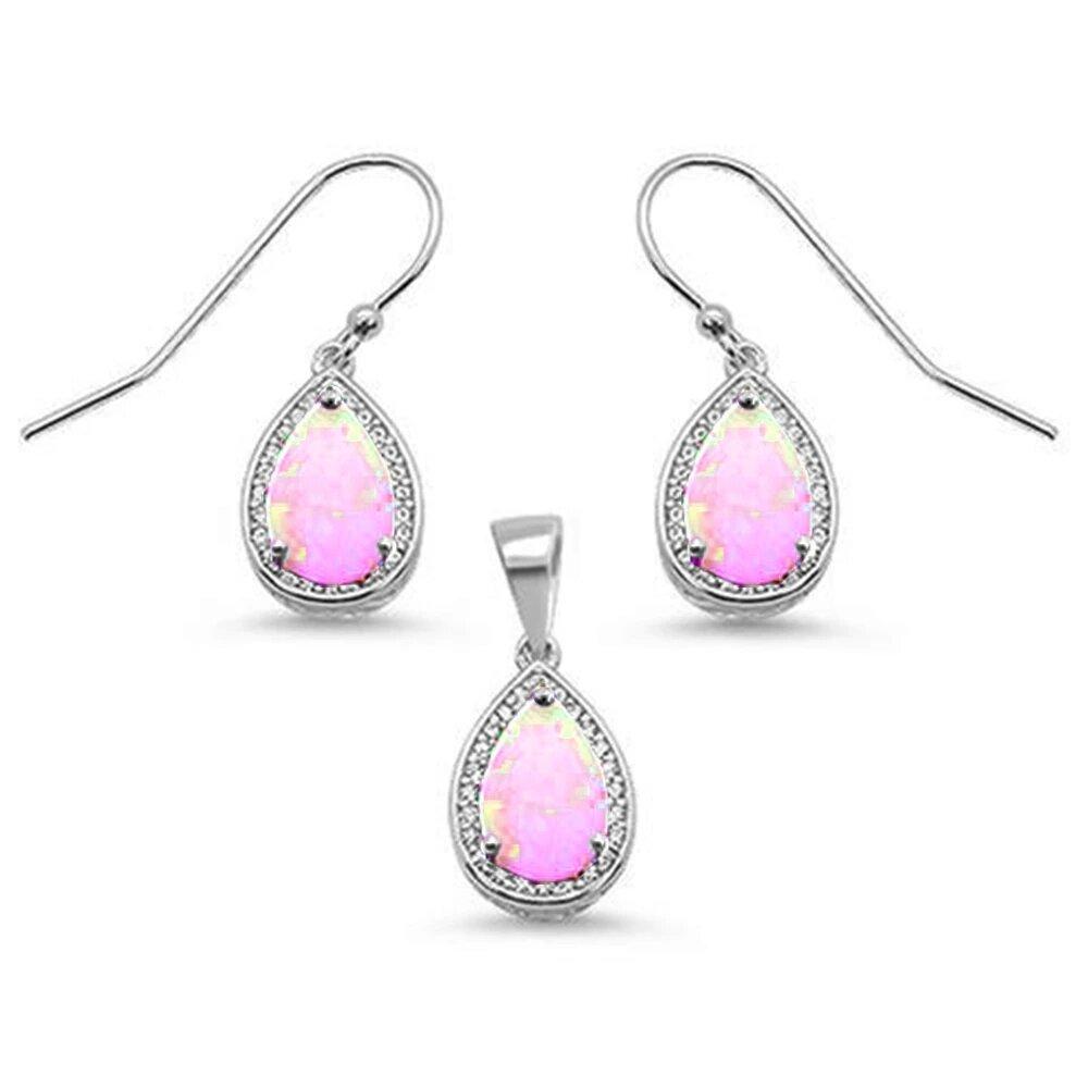 Sterling Silver Pear Shape Pink Opal and Cubic Zirconia Earring and Pendant Set