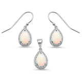 Sterling Silver Pear Shape White Opal and Cubic Zirconia Earring and Pendant Set