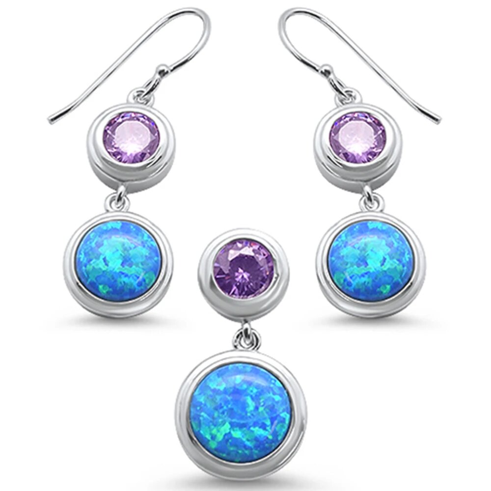 Sterling Silver Round Opal Amethyst Cubic Zirconia Earrings And Pendant Set