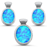 Sterling Silver Oval Blue Opal Earrings And Pendant Set